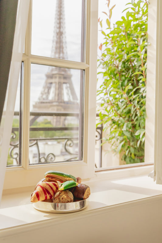 Morning bread basket with a view of the Eiffel tower in the background from the Shangri-La hotel in Paris.